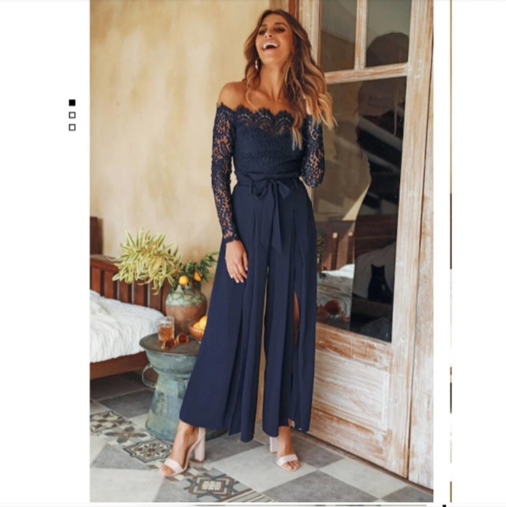New Hello Molly All Things Work Out Off Shoulder Lace Party Jumpsuit Sz 8 navy